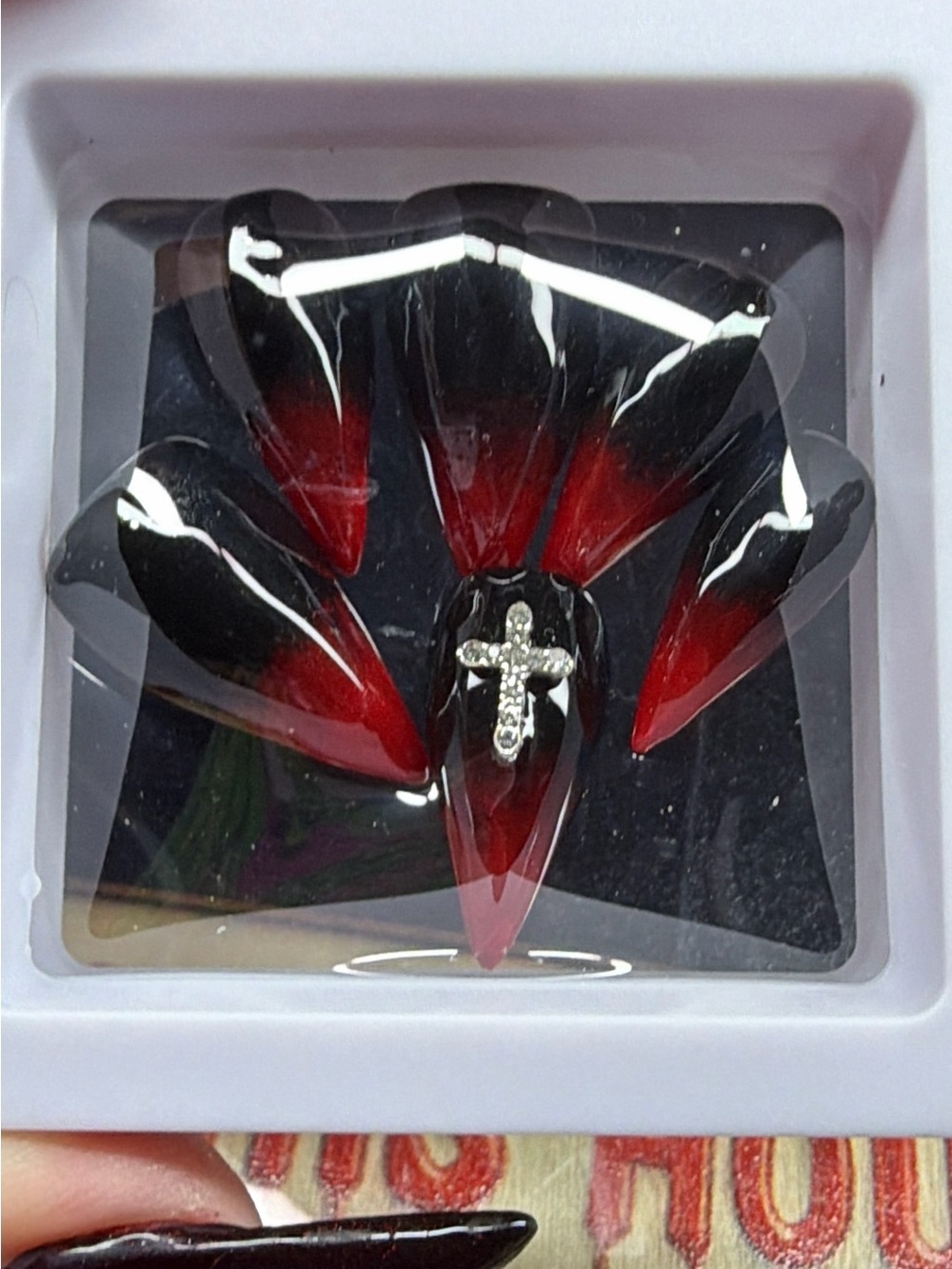 Red and Black Ombre claw Press-On Nails with Crystal Cross Accent